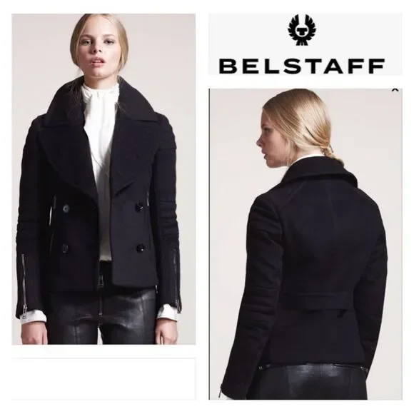 Belstaff Dallington Double Breast Cropped Pea Coat Cashmere/Wool Blend Black S - Picture 3 of 16